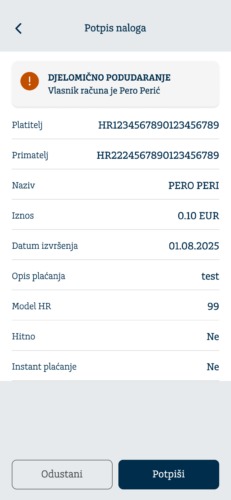 Addiko Bank - djelomično podudaranje Djelomično podudaranje – prikaz ekrana kada ime i prezime ili naziv primatelja djelomično odgovara vlasniku IBAN-a računa uz informaciju o ispravnom imenu i prezimenu ili nazivu primatelja