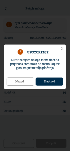 POP-UP PORUKA - Djelomično podudaranje – prikaz ekrana kada ime i prezime ili naziv primatelja djelomično odgovara vlasniku IBAN-a računa uz informaciju o ispravnom imenu i prezimenu ili nazivu primatelja