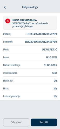 Nema podudaranja – izgled ekrana ako ime i prezime ili naziv primatelja ne odgovara vlasniku IBAN-a računa