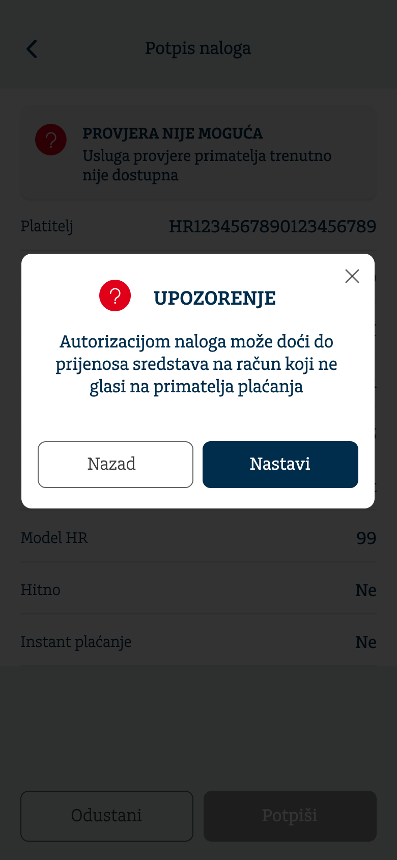 POP-UP PORUKA kada provjeru primatelja nije moguće provesti - usluga provjere primatelja trenutno nije dostupna