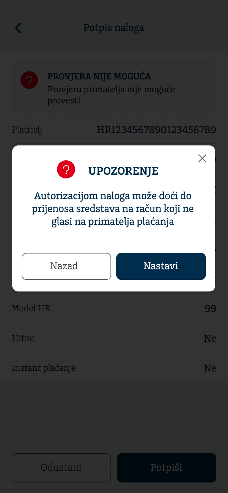POP-UP PORUKA - kada provjeru primatelja nije moguće provesti
