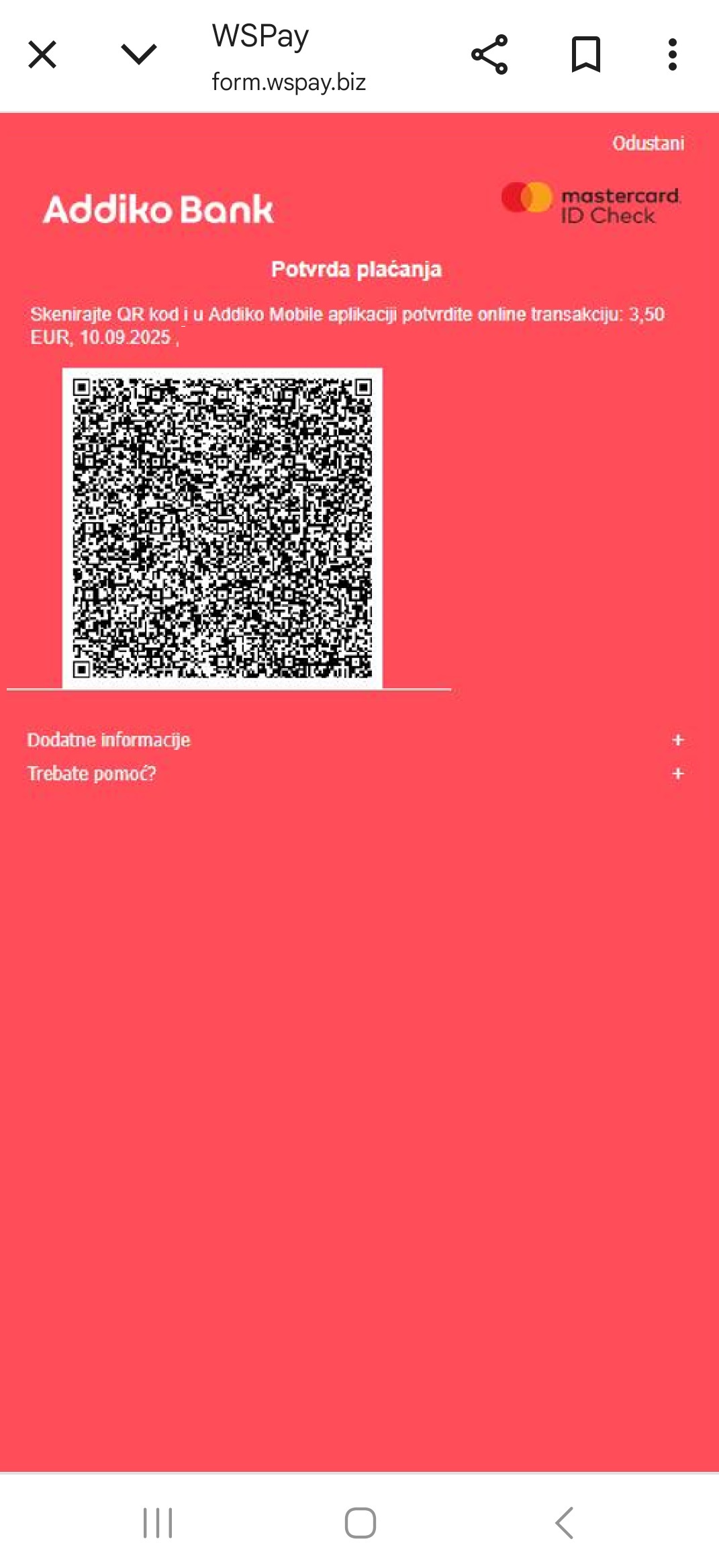 Addiko Mastercard - prikaz ekrana mobilnog bankarstva - Potvrda plaćanja - QR kod