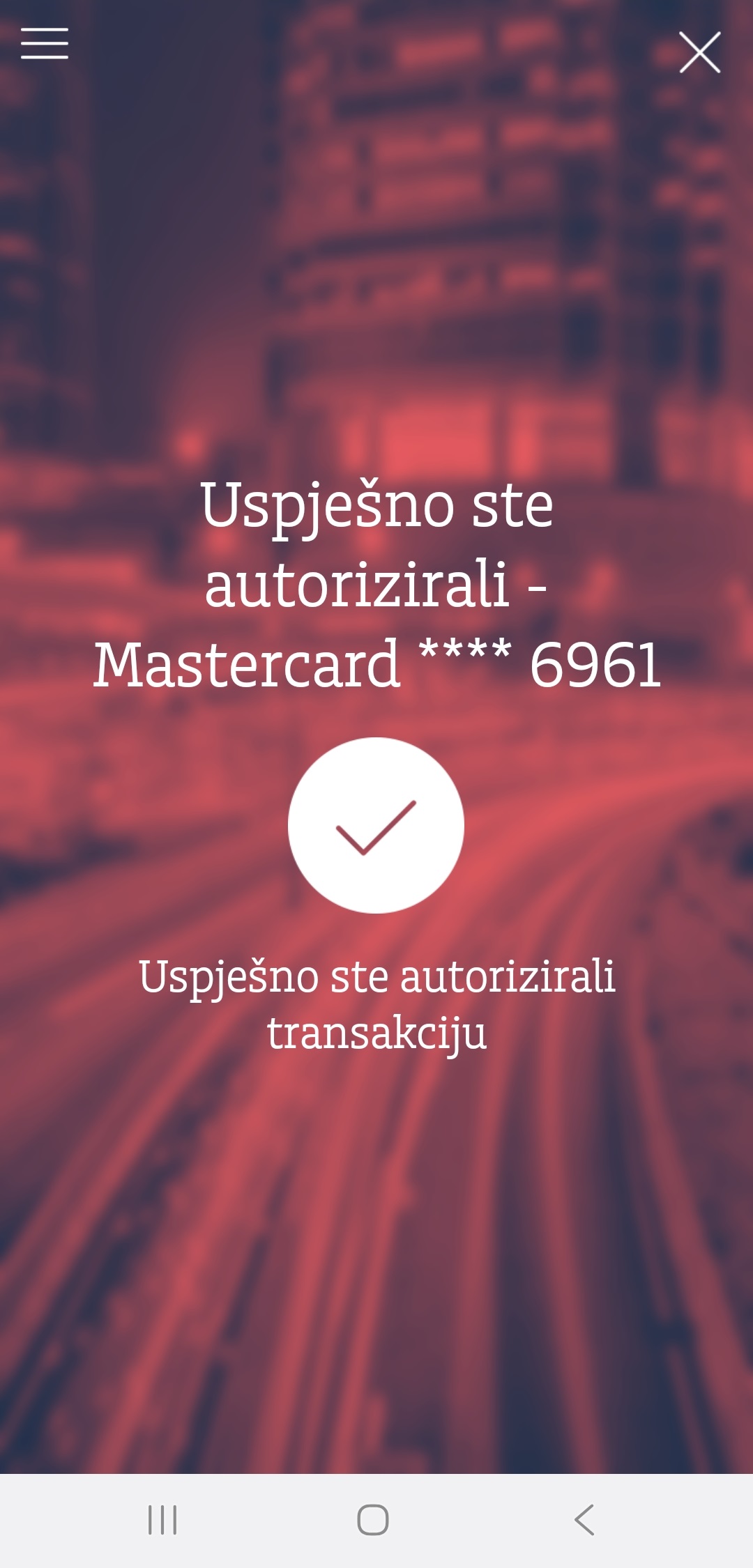 Addiko Mastercard - prikaz ekrana mobilnog bankarstva -Uspješno ste autorizirali transakciju