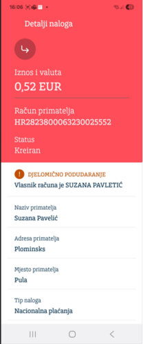 Djelomično podudaranje – prikaz ekrana kada ime i prezime ili naziv primatelja djelomično odgovara vlasniku IBAN-a računa uz informaciju o ispravnom imenu i prezimenu ili nazivu primatelja