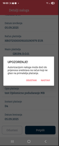 POP-UP PORUKA - Djelomično podudaranje – prikaz ekrana kada ime i prezime ili naziv primatelja djelomično odgovara vlasniku IBAN-a računa uz informaciju o ispravnom imenu i prezimenu ili nazivu primatelja