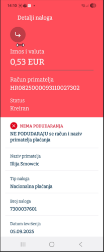 Nema podudaranja – izgled ekrana ako ime i prezime ili naziv primatelja ne odgovara vlasniku IBAN-a računa