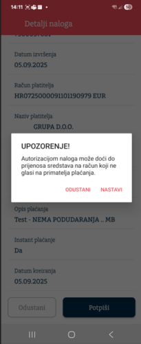 POP UP poruka - Nema podudaranja – izgled ekrana ako ime i prezime ili naziv primatelja ne odgovara vlasniku IBAN-a računa