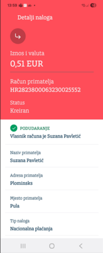 Podudaranje - izgled ekrana gdje ime i prezime ili naziv primatelja odgovara vlasniku IBAN-a računa