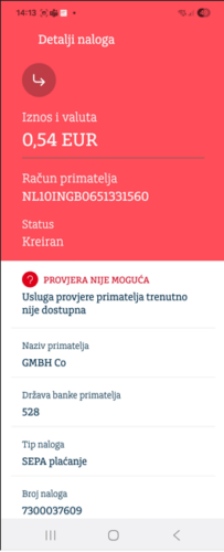 Izgled ekrana kada provjeru primatelja nije moguće provesti - usluga provjere primatelja trenutno nije dostupna
