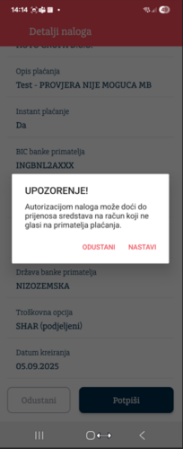 POP-UP PORUKA kada provjeru primatelja nije moguće provesti - usluga provjere primatelja trenutno nije dostupna