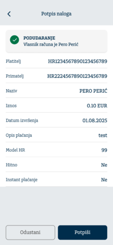 Addiko Bank - podudaranje Podudaranje - izgled ekrana gdje ime i prezime ili naziv primatelja odgovara vlasniku IBAN-a računa